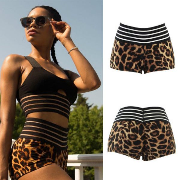 womens designer sportshorts summer new sports leopard print stitching stripes waist hip shorts preppy style high new 2020 new, White;black